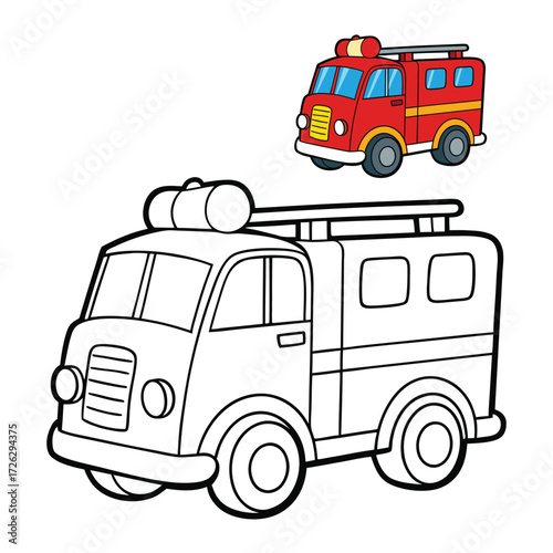 A fun cartoon fire truck coloring page, featuring a bright red engine, ladder, hoses, and cheerful details—perfect for kids to color and spark creativity!
