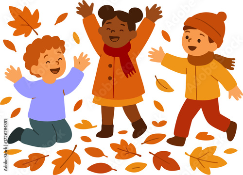 Cute kids playing and jumping with autumn leaves. Happy children in fall. Funny girls and boy in outdoor activity. Cartoon friends, hand drawn vector illustration. Flat design.isolated on transparent 