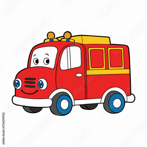 Bright red cartoon fire truck with flashing lights, a shiny ladder, and bold wheels, ready to rush to the rescue in a fun, playful, and heroic way.
