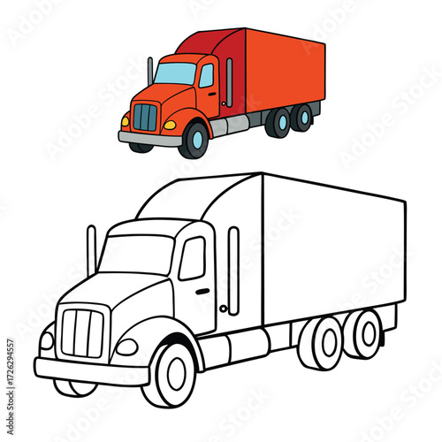 A detailed cargo semi-truck coloring page featuring a big rig with trailer, wheels, and cargo, perfect for kids and adults to add vibrant colors and bring it to life.

