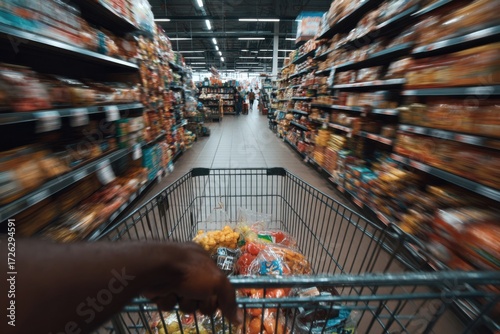 POV of pushing shopping cart at a supermarket