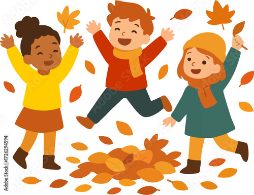 Cute kids playing and jumping with autumn leaves. Happy children in fall. Funny girls and boy in outdoor activity. Cartoon friends, hand drawn vector illustration. Flat design.isolated on transparent 