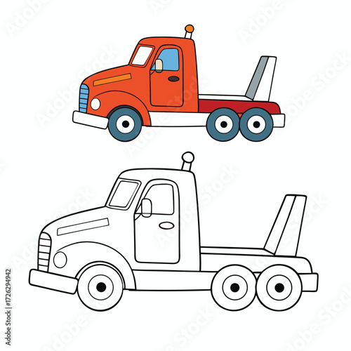 A fun cartoon big rig tow truck coloring page, featuring a friendly, oversized tow truck ready to haul with bold lines and playful details for kids to color.
