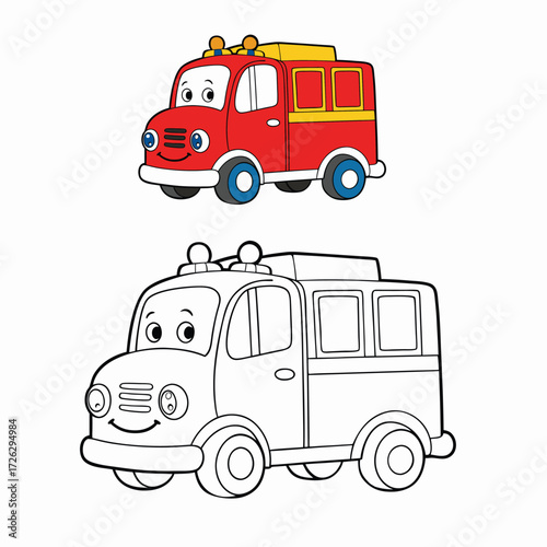 A fun cartoon fire truck coloring page, featuring a bright red engine, ladder, hoses, and cheerful details—perfect for kids to color and spark creativity!
