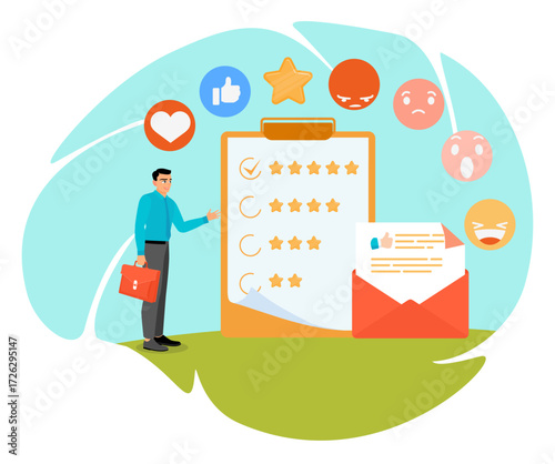 Customer survey concept. Man analyzing user satisfaction report or questionnaire.