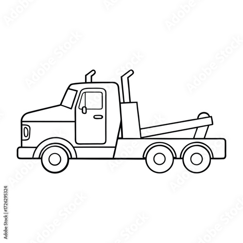 A fun cartoon big rig tow truck coloring page, featuring a friendly, oversized tow truck ready to haul with bold lines and playful details for kids to color.
