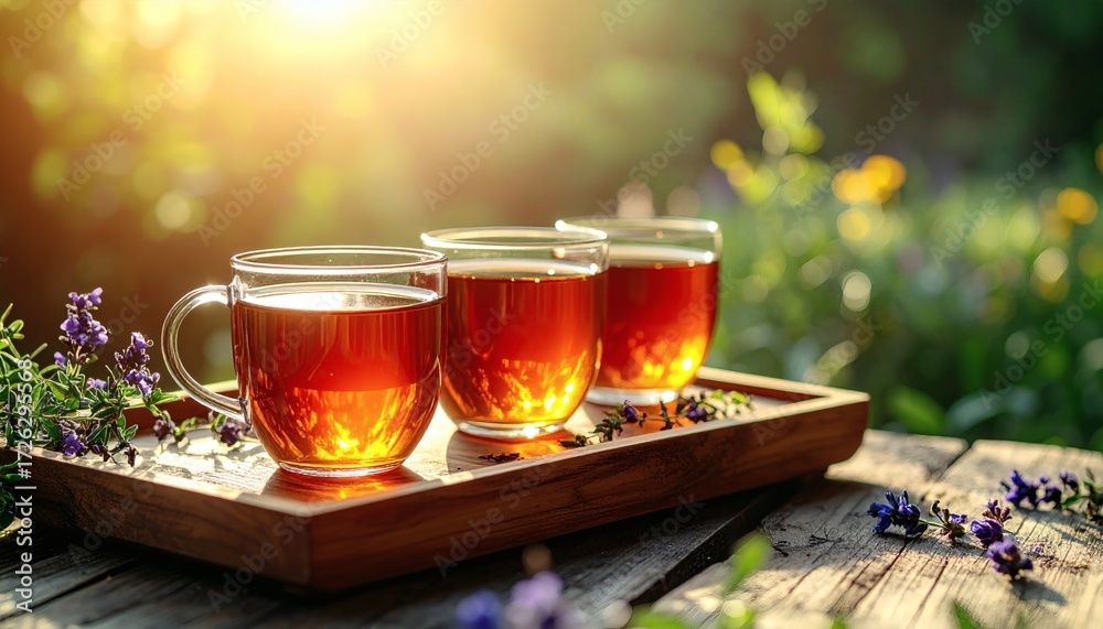Fototapeta premium Golden Hour Tea: Three Glass Cups on Wooden Tray with Lavender Accents