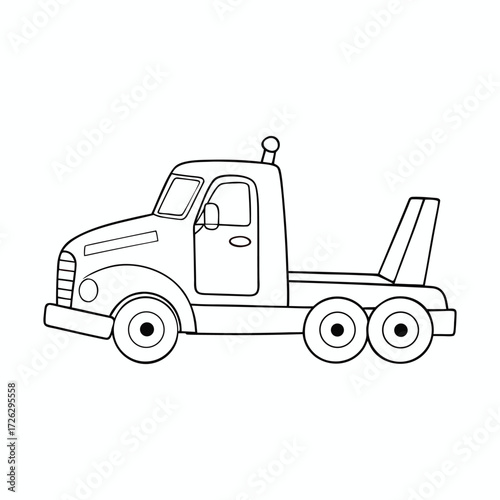A fun cartoon big rig tow truck coloring page, featuring a friendly, oversized tow truck ready to haul with bold lines and playful details for kids to color.
