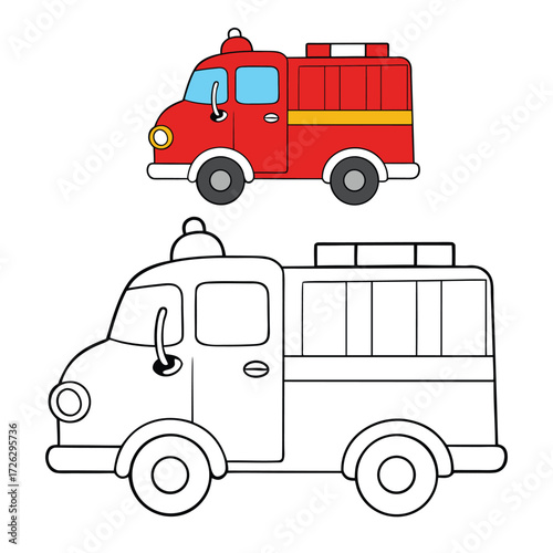 A fun cartoon fire truck coloring page, featuring a bright red engine, ladder, hoses, and cheerful details—perfect for kids to color and spark creativity!
