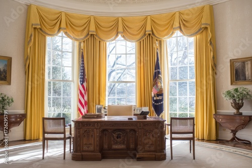 Elegant office with large windows, yellow drapes, a grand wooden desk, and US flags, exuding authority and sophistication