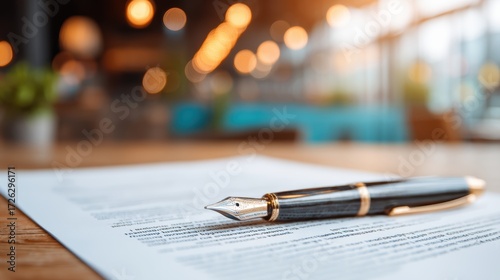 A fountain pen rests on a document on a wooden table in a modern, softly lit office environment