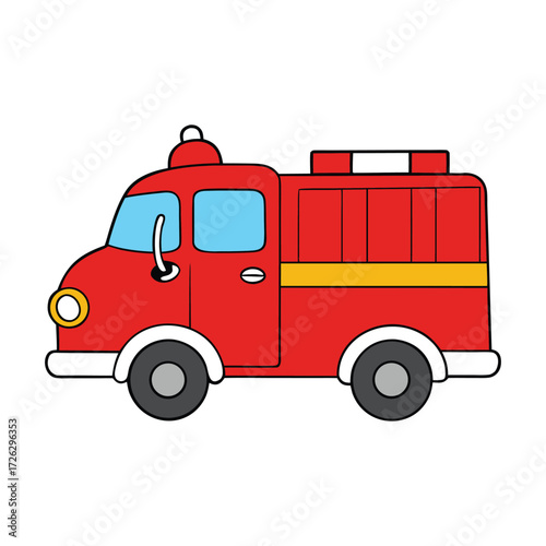 Bright red cartoon fire truck with flashing lights, a shiny ladder, and bold wheels, ready to rush to the rescue in a fun, playful, and heroic way.
