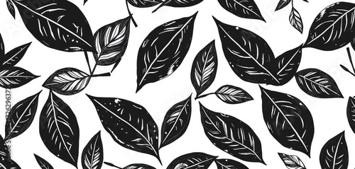 Abstract black leaf seamless pattern, hand-drawn ink botanical illustration, foliage, leaf