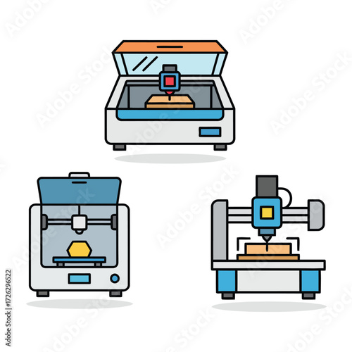 Three different 3d printers sit on a white surface showing the variety of machines available for additive manufacturing, demonstrating modern technology.
