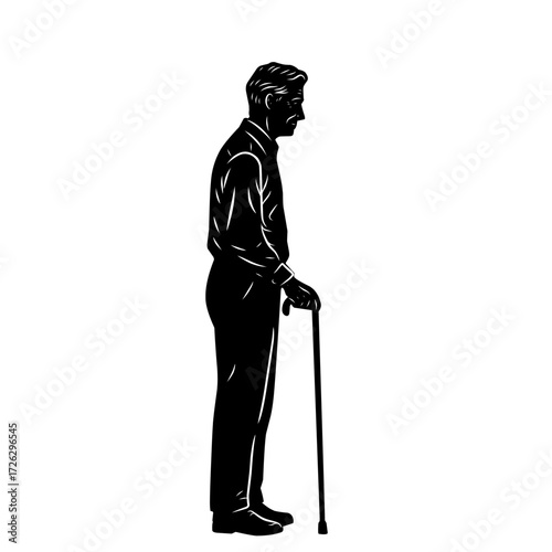Black and white detailed illustration of an elderly man standing with cane, symbol of aging, support, retirement, and health care. Ideal for social and medical themes