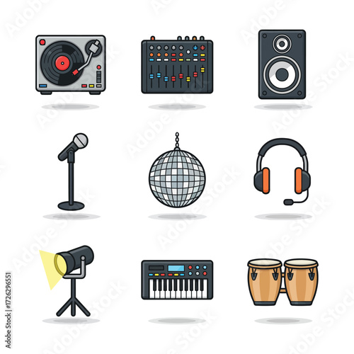 Various music equipment displayed on white surface representing musical entertainment and creative expression.
