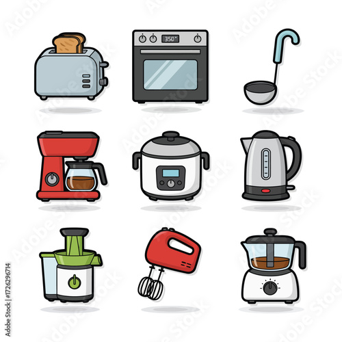 Kitchen appliances arranged neatly on white surface representing modern cooking equipment for preparing meals in a clean and organized manner.