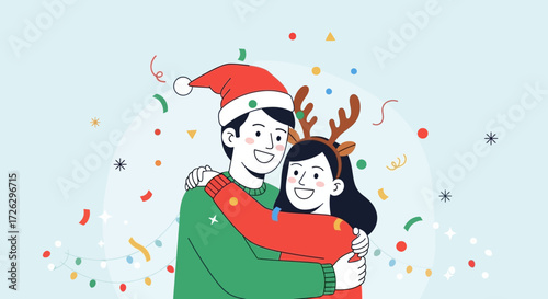 Minimalist Couple Illustration Celebrating Christmas Holiday Season with Warm Hug