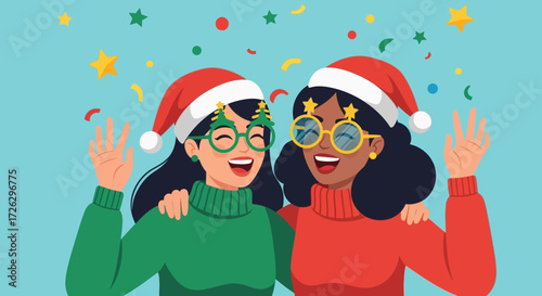 Cheerful Flat Style Christmas Celebration with Smiling Friends Illustration