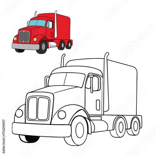 A bold red semi-truck coloring page, showing a powerful big rig with detailed cab, trailer, and wheels, ready for kids to color and bring it to life.
