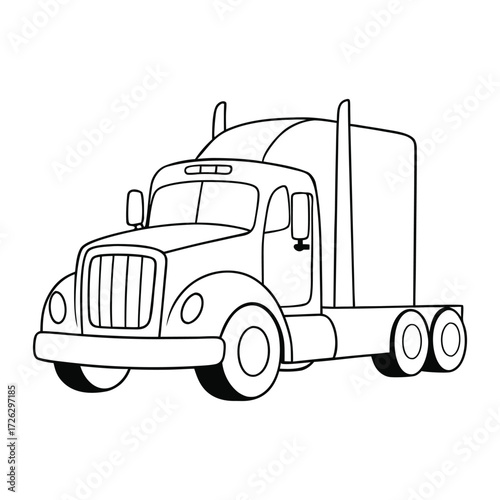 A bold red semi-truck coloring page, showing a powerful big rig with detailed cab, trailer, and wheels, ready for kids to color and bring it to life.
