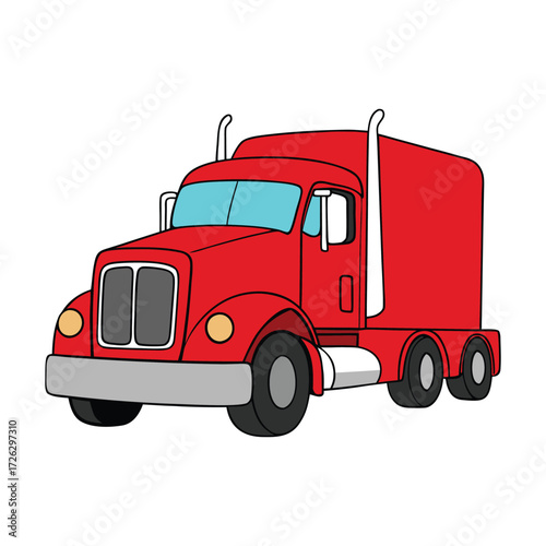 A bold red semi-truck roaring down the highway, its polished chrome gleaming, hauling freight with power and precision, a true symbol of strength and the open road.
