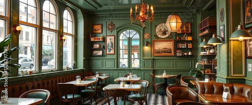 Elegant Parisian café, vintage green interior, retro coffee shop ambiance, pastry, wall