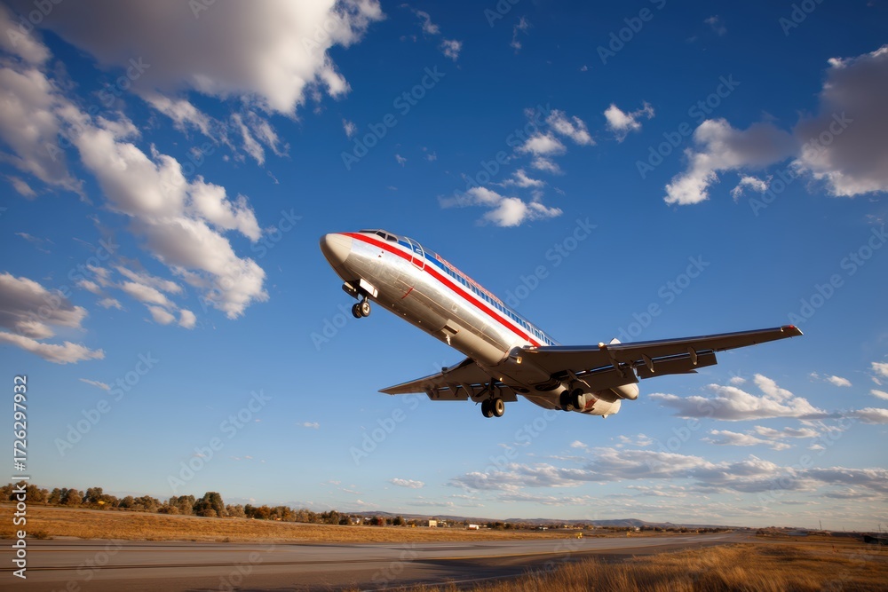 Naklejka premium A commercial airplane takes off from a runway under a bright blue sky dotted with scattered clouds