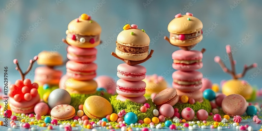 Fototapeta premium Whimsical macaron trees & candy, vibrant colors, cheerful dessert setting, joyful, pastel