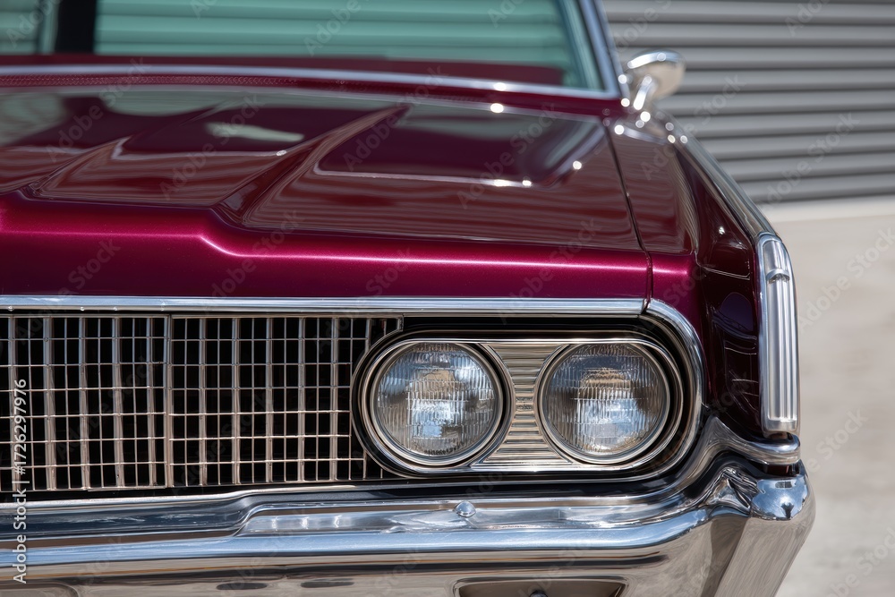 Fototapeta premium Classic red vintage car front view with chrome accents and dual headlights, parked outdoors in bright sunlight