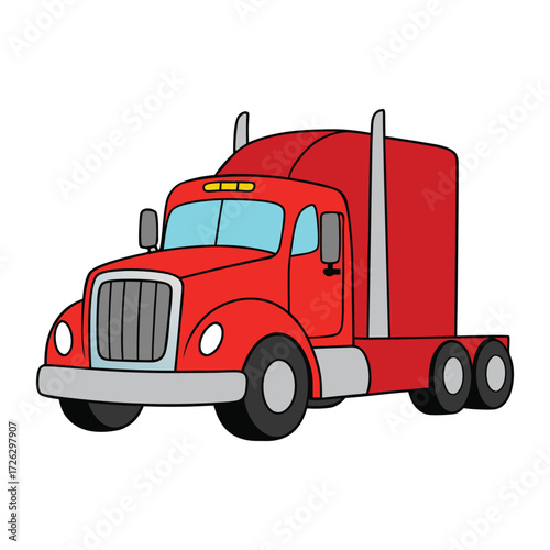 A bold red semi-truck roaring down the highway, its polished chrome gleaming, hauling freight with power and precision, a true symbol of strength and the open road.
