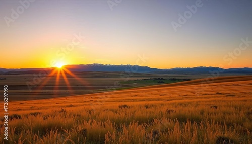 Golden sunrise paints swathed prairie field, Rocky View County, Alberta  Rolling hills, distant mountains,  backdrop,  nature