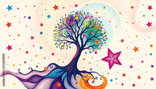 Whimsical tree and star pattern, vibrant colors on light background,  day,  happy