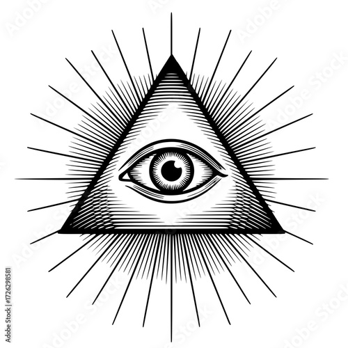 All-seeing eye in triangle with radiating sunburst rays. Classic illuminati providence symbol in black and white engraving style