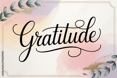 Elegant calligraphy word 'Gratitude' with soft watercolor background and delicate floral accents, perfect for heartfelt messages and mindful expressions.