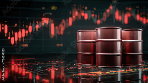 Brent oil barrel standing on plain surface concept. Oil barrels on stock market background with financial indicators.