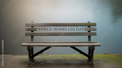 A wooden bench with 'WORLD HOMELESS DAY' engraved on the backrest, situated by a calm body of water.