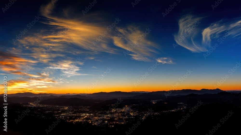 Obraz premium peace. A breathtaking sunset sky panorama with vibrant warm hues and glowing clouds. inspiring travel planning, travel magazines, designed for travel destination branding, inspires travel planning.