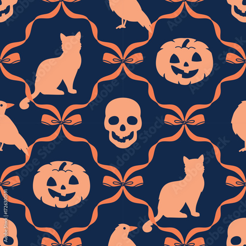 Flirty Halloween seamless pattern with ribbons, pumpkins, cats and skulls. Retro coquettish fabric texture perfect for costumes, textiles, gift wrap and whimsical Halloween decor.
