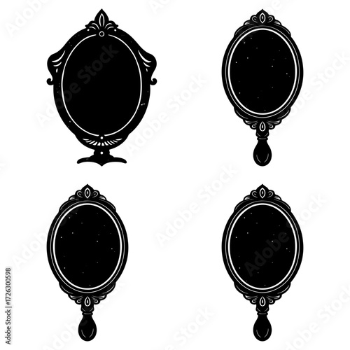 Four ornate black mirrors with oval reflective surfaces in different styles and orientations shown together
