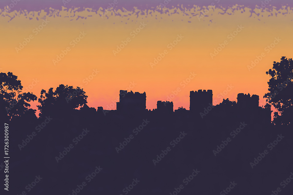 Naklejka premium A hilltop castle ruins at dusk crumbling walls silhouetted against a horizon painted in deep oranges and purples