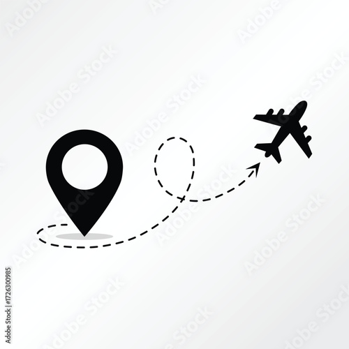 Airplane flight path with a destination pin travel concept for vacation planning and tourism advertising campaign backdrop for graphic design