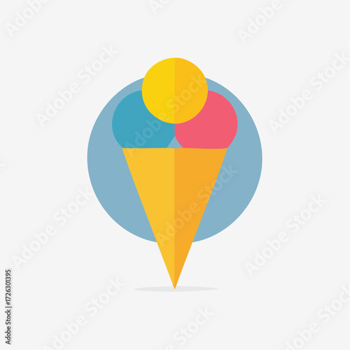 Modern illustration of a geometric ice cream cone with vibrant flavors and circular backdrop