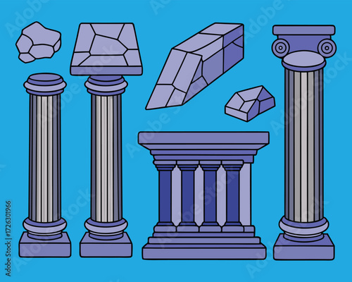 Cartoon Ionic and Doric Order Columns with Ruined Building Elements Illustration