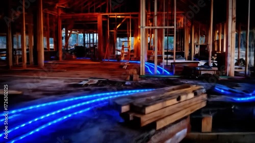 Futuristic building development with illuminated pathways for smart home technology integration