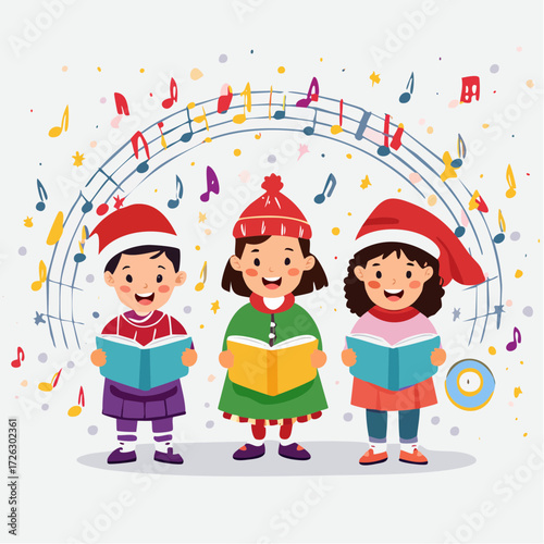 A cheerful group of children in Santa hats sings Christmas carols from music books, with colorful musical notes floating around them.