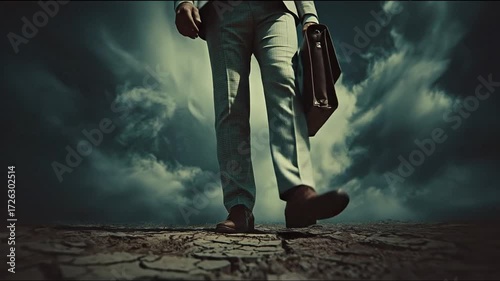 Businessman strides across cracked earth under stormy sky holding briefcase, low perspective