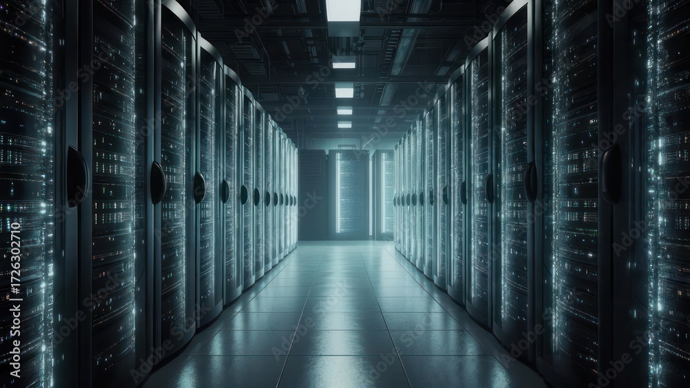 Fototapeta premium Futuristic Data Center Server Room with Rows of Rack Servers.