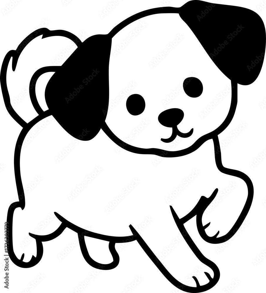Naklejka premium Cartoon-style, black and white drawing of a happy, fluffy puppy with floppy ears, running playfully, isolated on a clean, white background, cheerful mood.