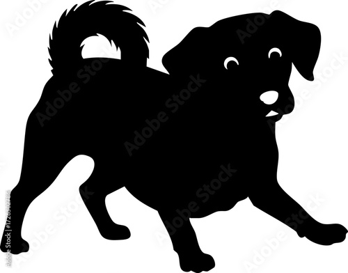 Create a black silhouette of a surprised dog with a curled tail, standing alert against a plain white background, digital art.
